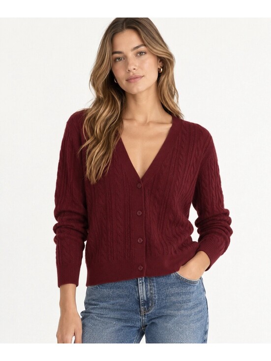 Sweaters - NWT Crush Cashmere Cabled Vienna V Neck Cardigan Burgundy Size 1 Quiet Luxury
